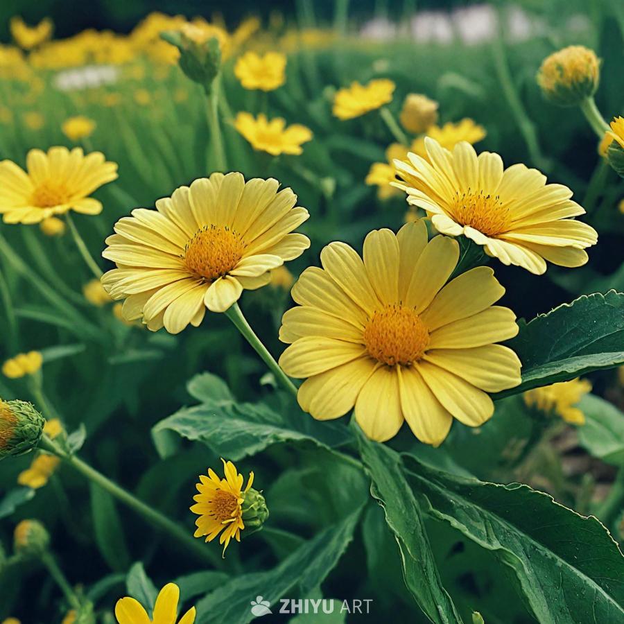 一片翠绿的田野上，盛开着各种各样的黄色花朵。花朵以