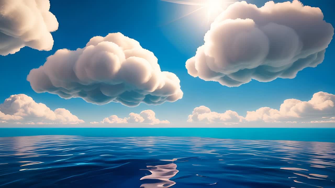 天空中的云朵缓缓飘动，河水轻轻地流淌。摄像机从云层