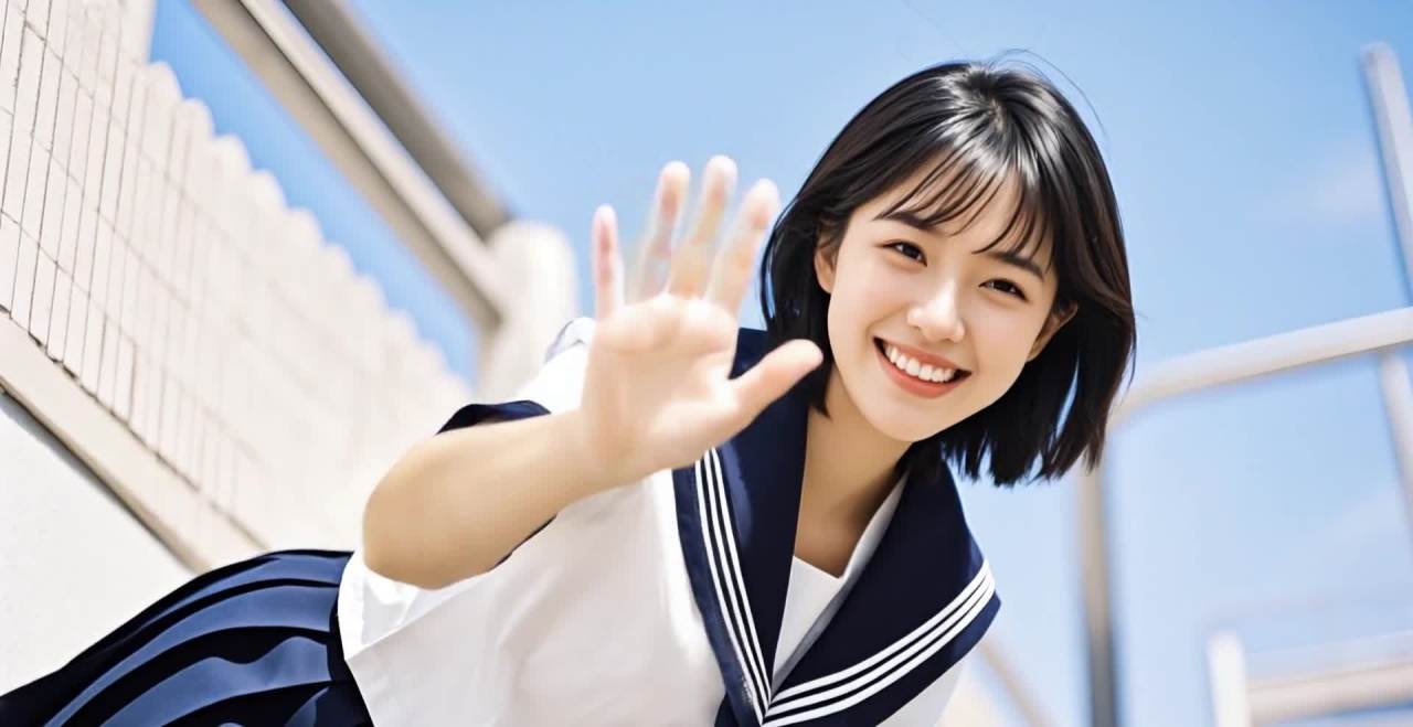 微笑挥手，蓝天背景下的美丽女学生。