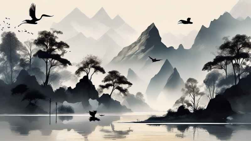 国风山水鹤插画背景 2