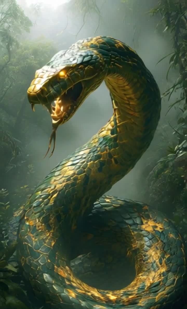 丛林巨蟒张开獠牙，金色蛇眼凝视前方。