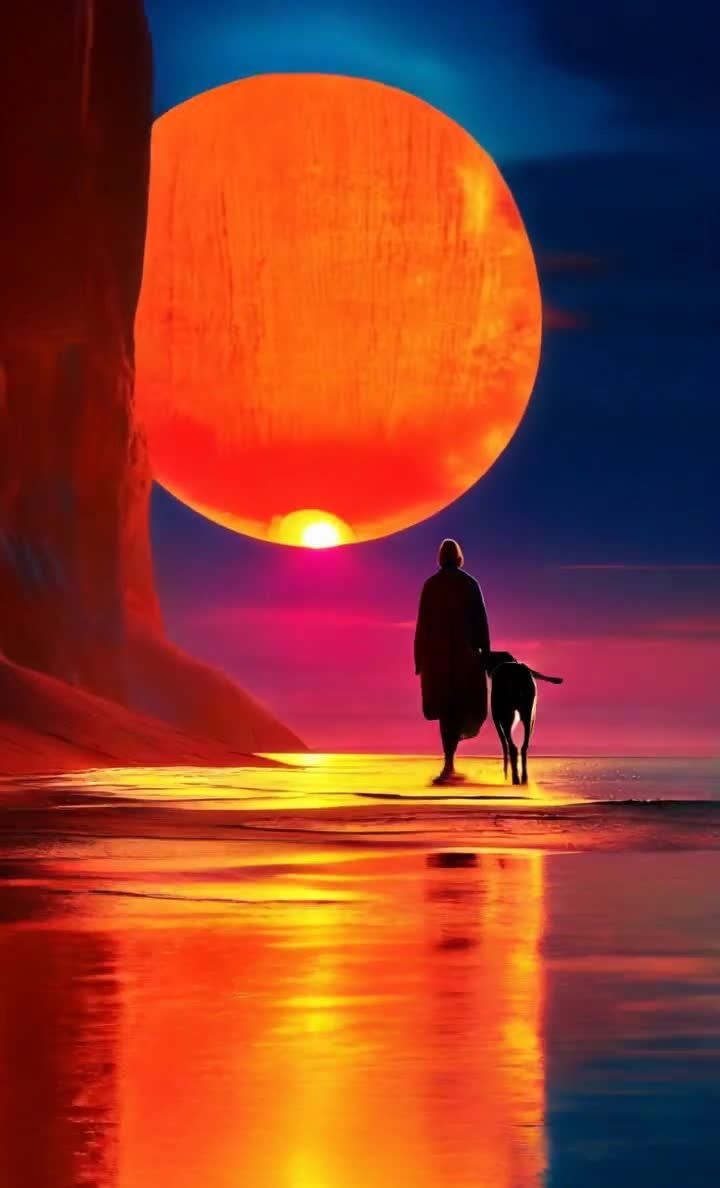 一个人和一只动物走在水面上，身后有一个巨大的圆形物