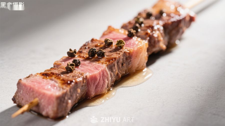 烤牛肉串配黑胡椒特写