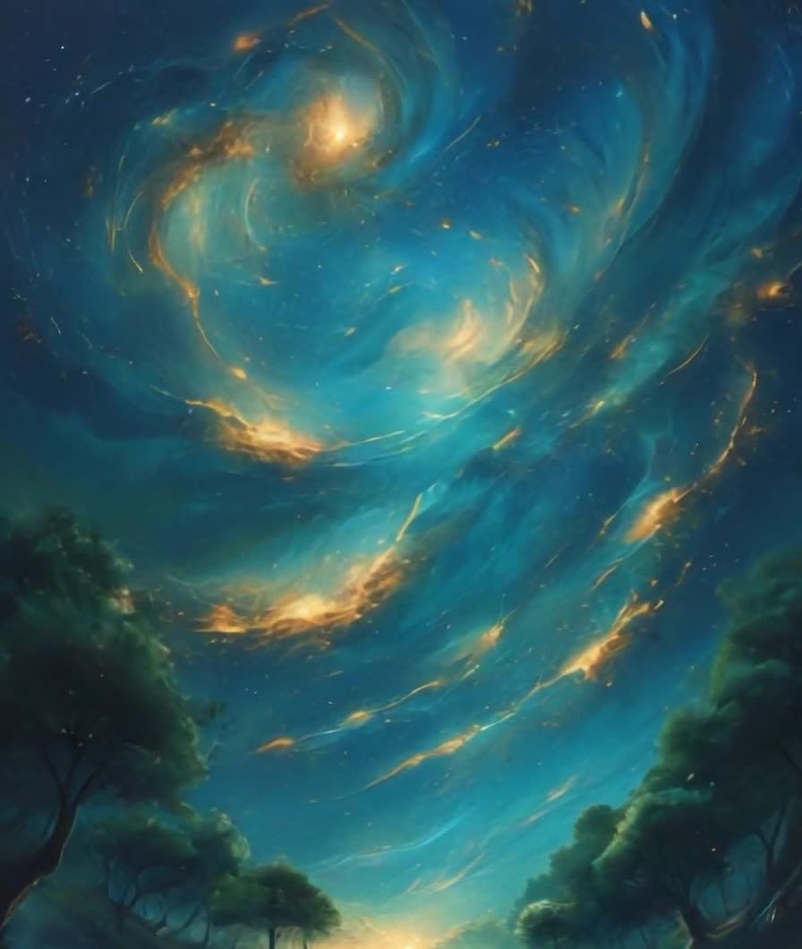 梦幻星空下的螺旋星云与剪影树影