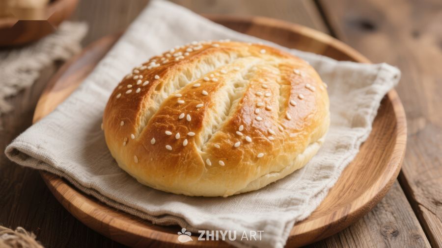 金黄芝麻面包置于木质托盘