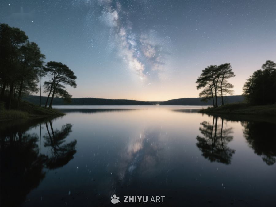 夜空银河映湖面，静谧森林倒影美 434