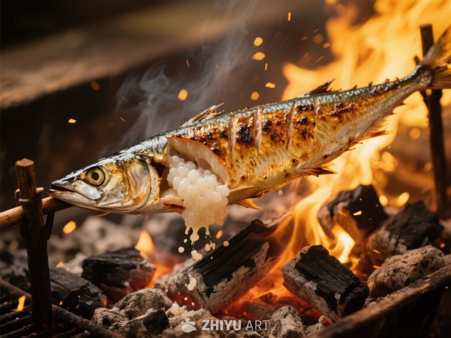 火焰上烤制的整条鱼