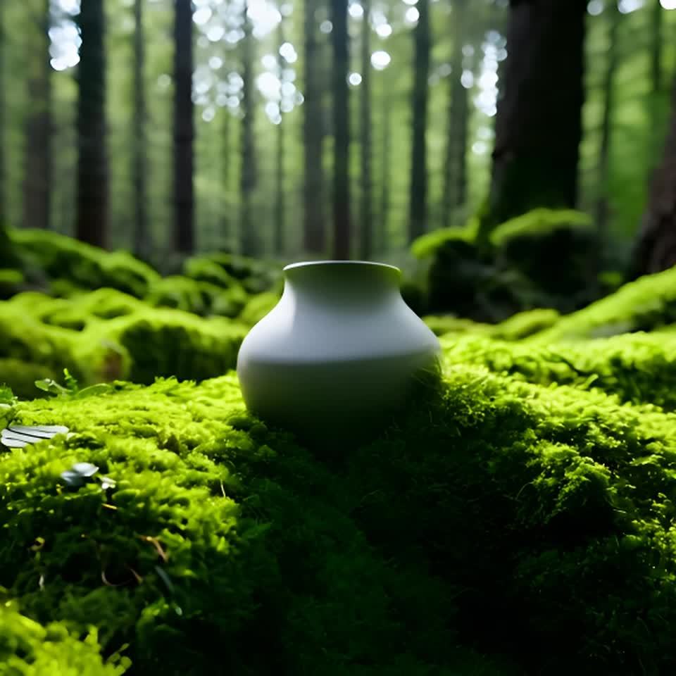 一个现代花瓶出现在一片绿色的森林里，周围长满了茂密
