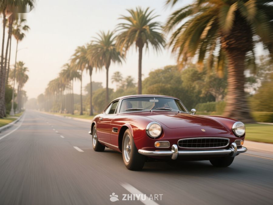 复古跑车在棕榈树大道上疾驰 38