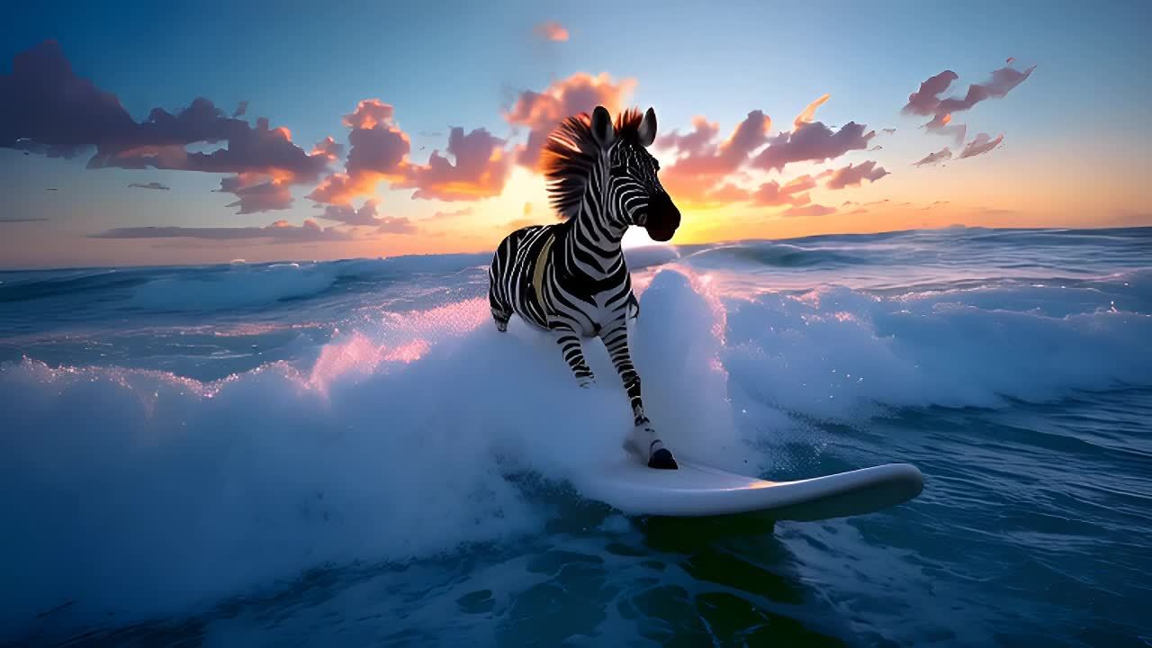 一匹斑马站在冲浪板上，在海浪中前行。海面上是起伏的