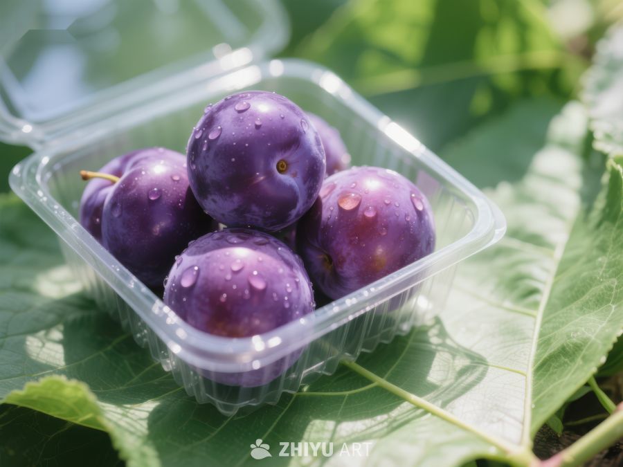 新鲜李子装在透明塑料盒中 580