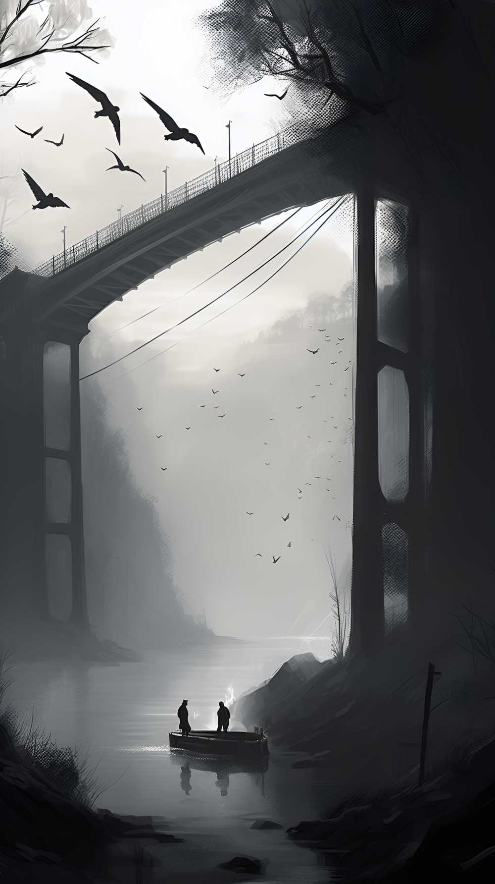 古风黑白桥山水画