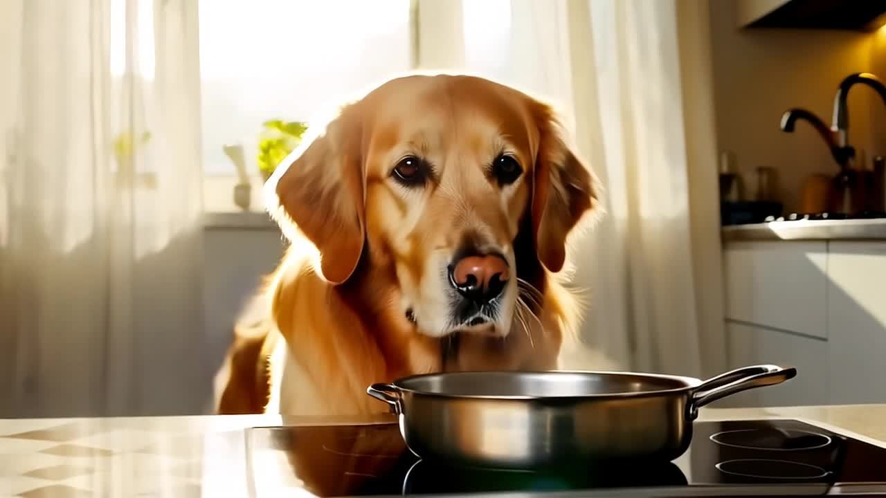 一只金毛寻回犬坐在阳光明媚的厨房里，琥珀色的眼睛盯