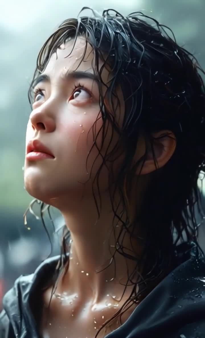 一位年轻女子，头发湿漉漉的，似乎正在下雨。她的头发