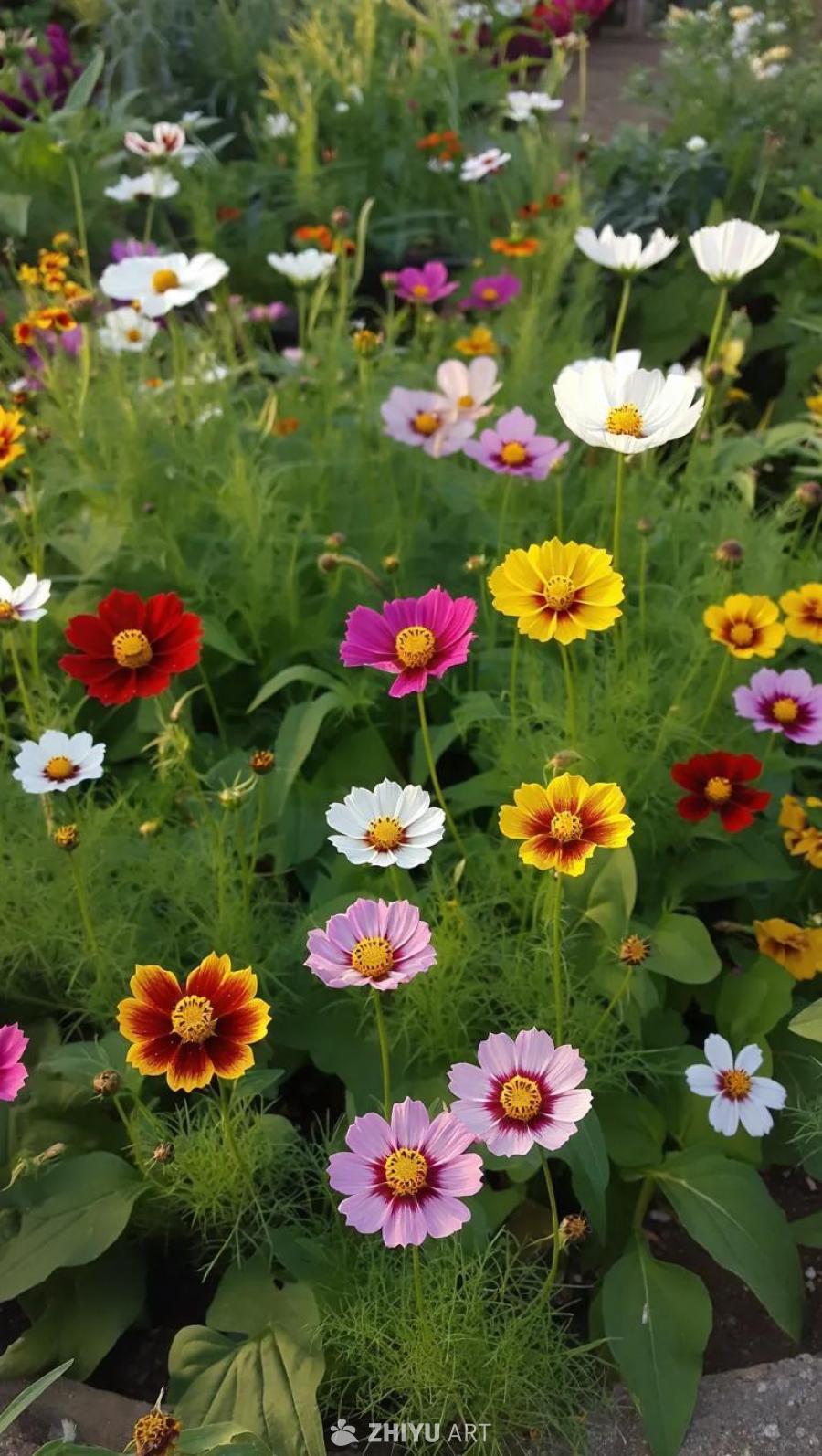 许多颜色各异的鲜花，包括红色、粉色、白色、黄色和橙
