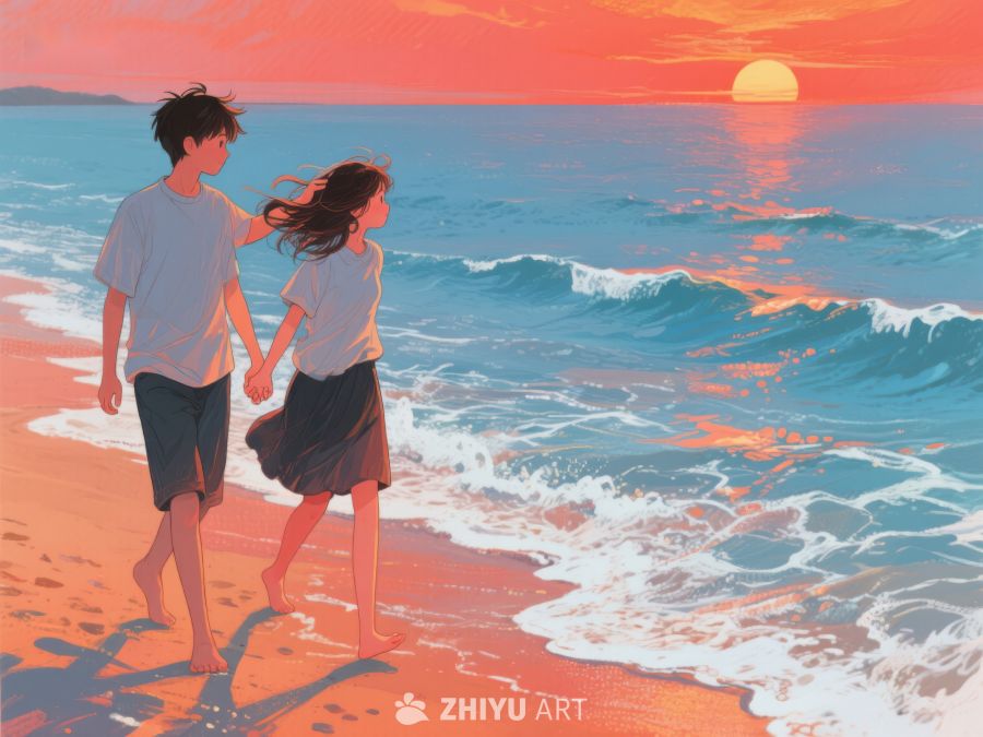 海边日落下的牵手情侣 233