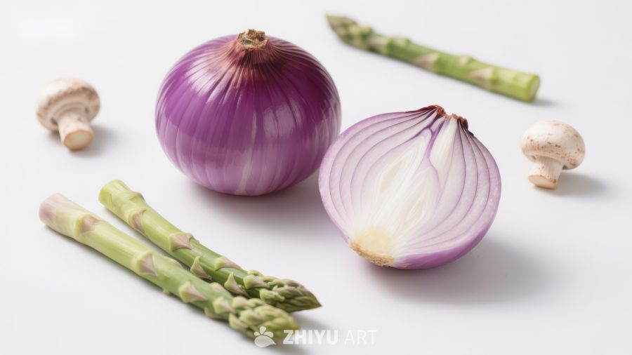新鲜蔬菜：洋葱、芦笋和蘑菇