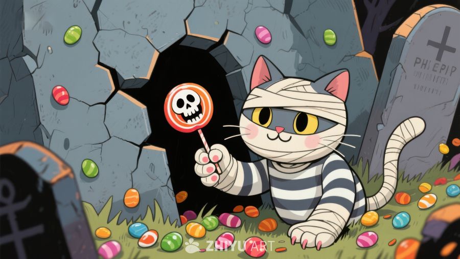 万圣节猫咪手持骷髅棒棒糖