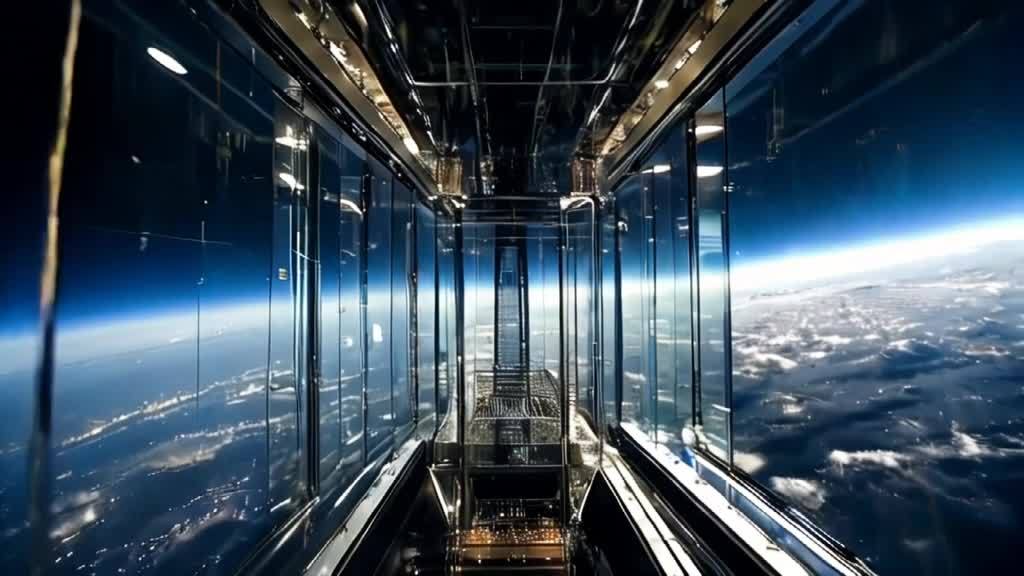 一个玻璃电梯正在升向太空，可以看见地球的表面，包括