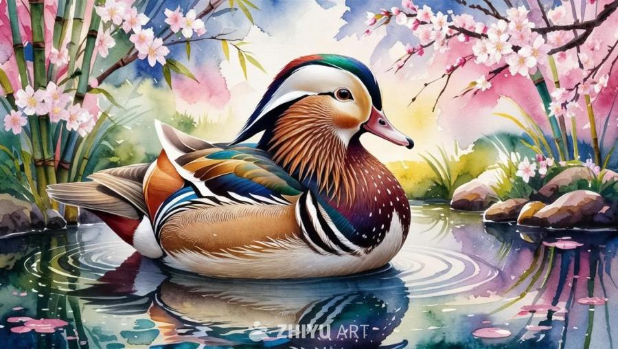 水彩画中，一只色彩鲜艳的雄性鸳鸯栖息在宁静的池塘中