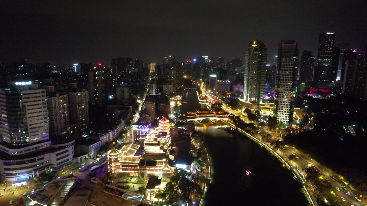 成都安顺廊桥夜景灯光航拍