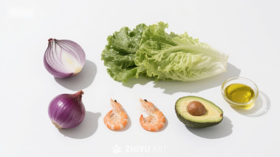 新鲜食材：洋葱、生菜、虾仁、牛油果与橄榄油