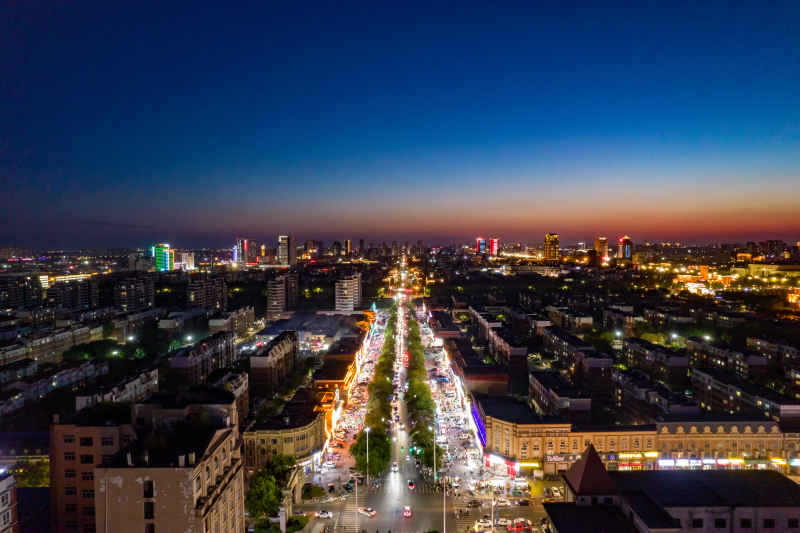 山东东营城市日落晚霞夜景航拍摄影图