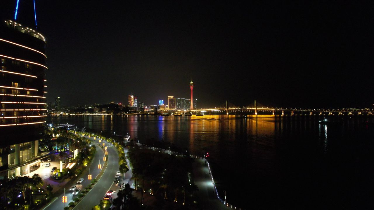 澳门城市夜景灯光航拍 