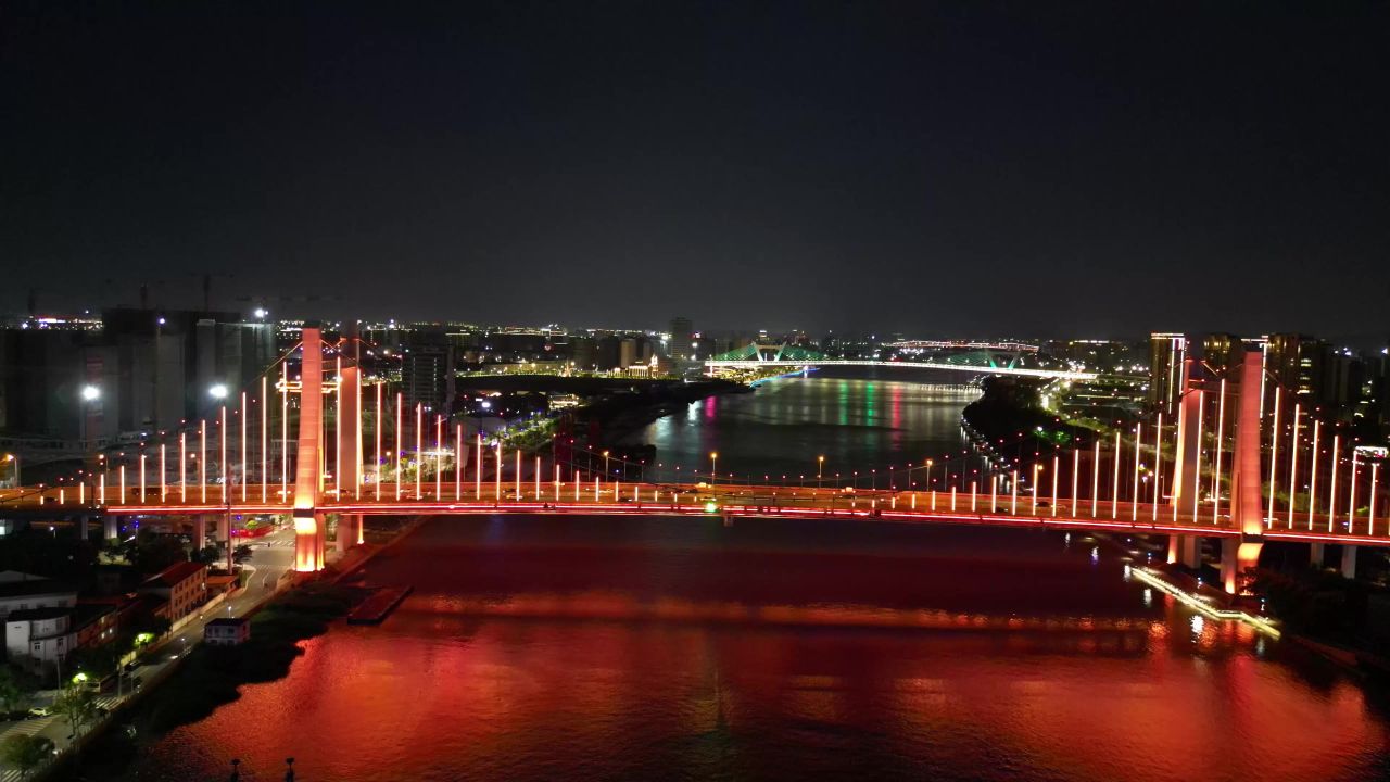航拍浙江宁波庆丰桥夜景