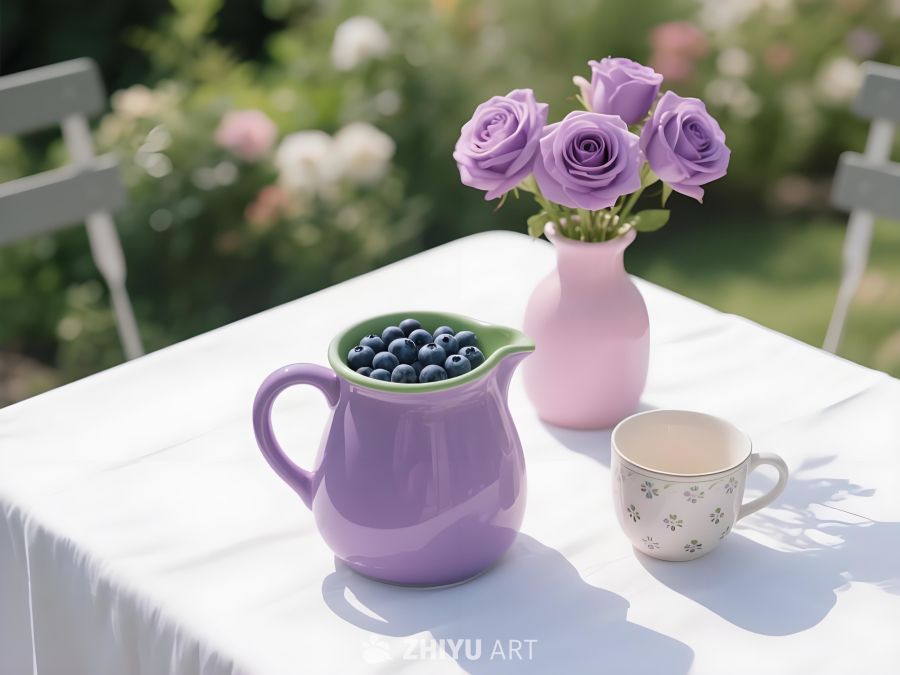 生活美学花园户外摄影紫壶盛蓝莓粉瓶插玫瑰配碎花杯闲适茶歇氛围