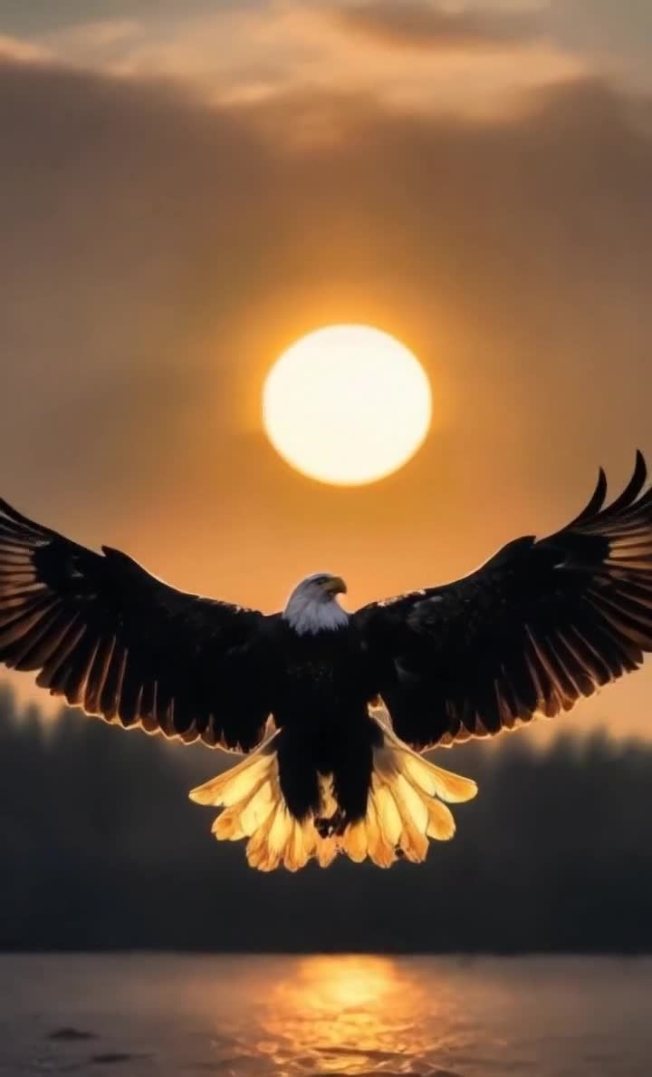 夕阳下展翅的雄鹰，太阳光辉映照水面。