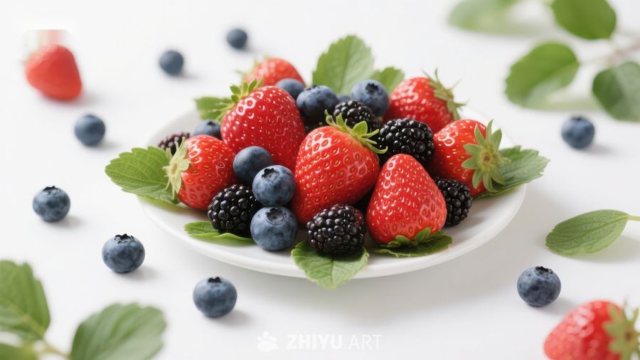 新鲜草莓蓝莓黑莓混合水果盘