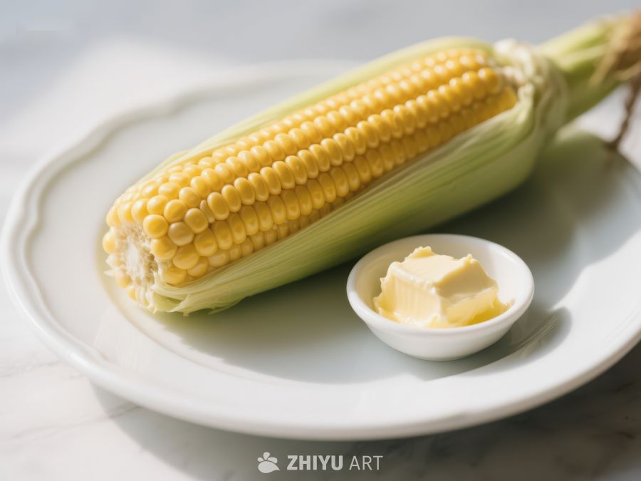 新鲜玉米配黄油，摆盘简洁 529