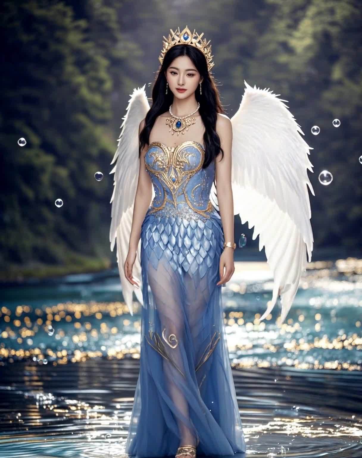 一个长着翅膀的女人，穿着蓝色长裙，头戴皇冠，脖子上