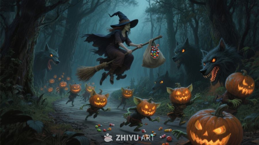 巫师夜行，南瓜灯照亮神秘森林