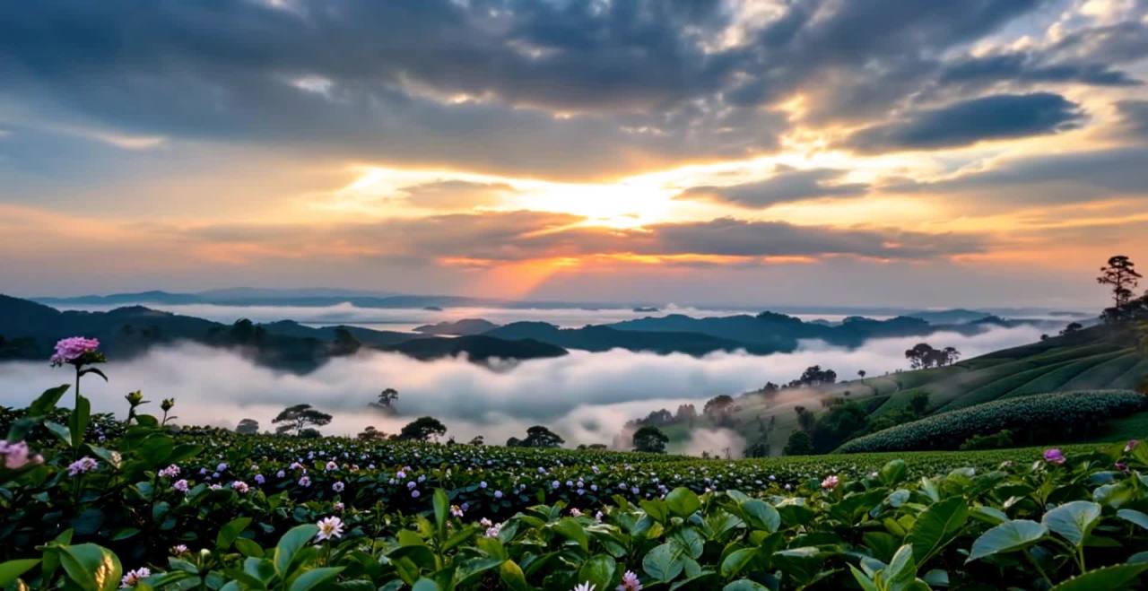 晨曦云雾缭绕西湖龙井茶园，金色光芒照亮大地