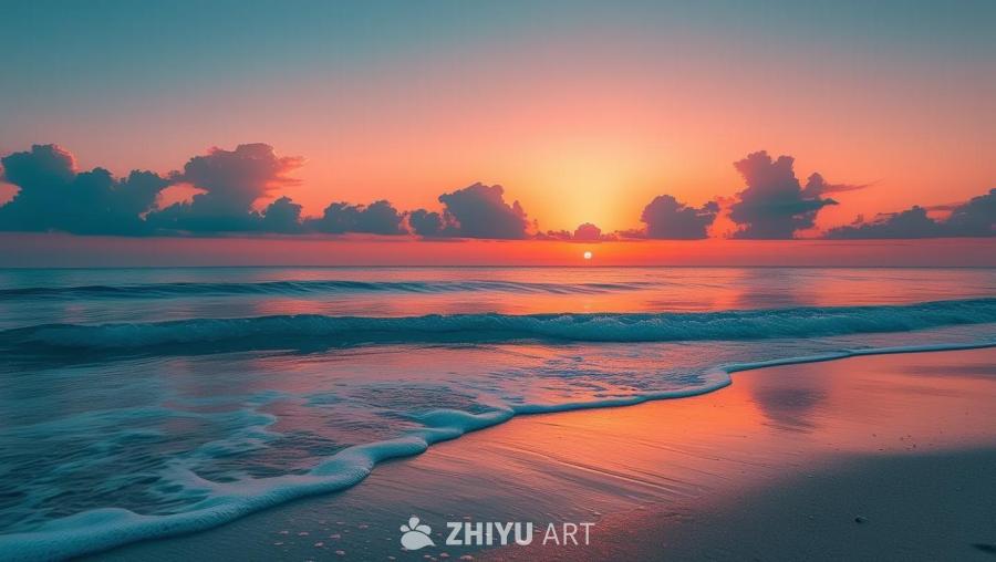 日落时分的海滩，小波浪轻拍海岸。天空中散落着几朵云