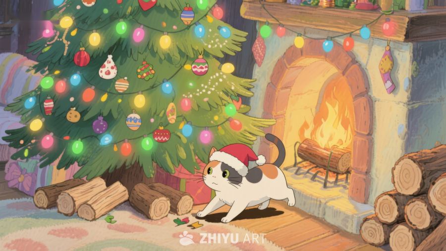 圣诞树旁的猫咪与壁炉 196