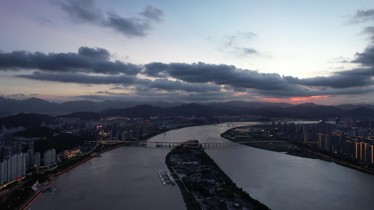浙江温州日落晚霞夕阳航拍