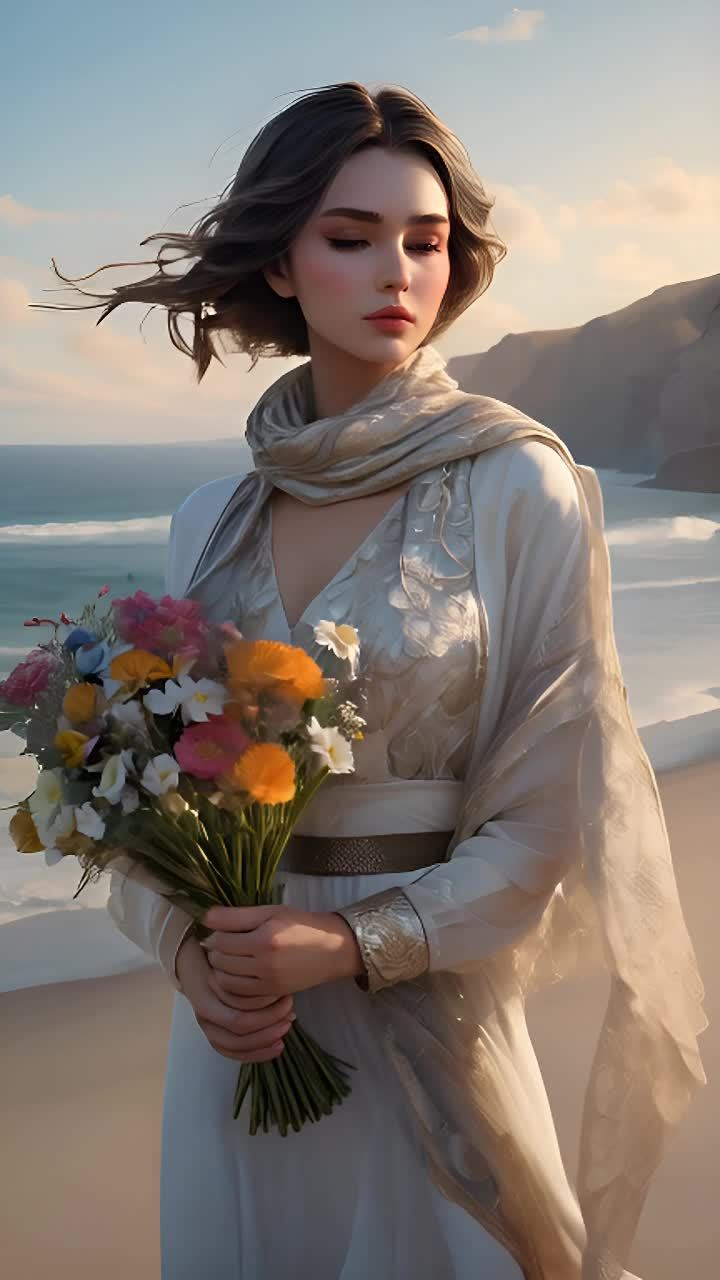 一位穿着白色长裙和灰色披肩的女性站在海滩上，她手里