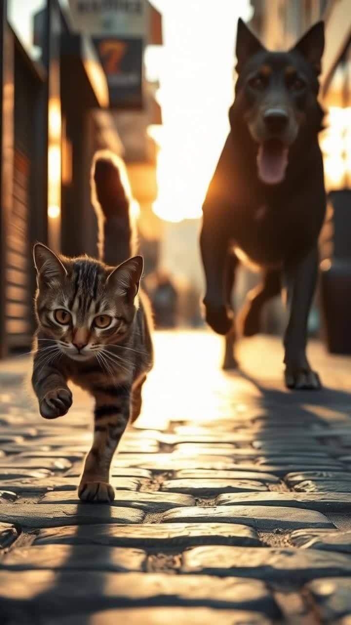 一只虎斑猫在城市小巷里全速奔跑，尾巴竖起。一只体型