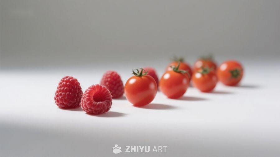 新鲜水果排列：覆盆子与樱桃番茄