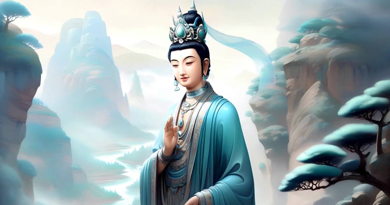 山谷云雾蓝色菩萨微笑抬手