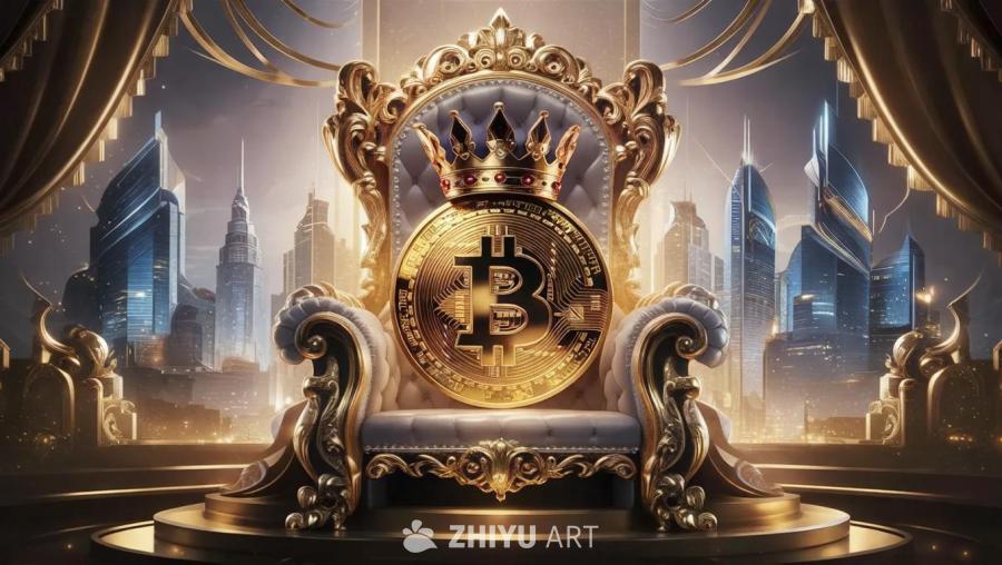 一枚金色的比特币硬币，戴着金色的王冠，坐在华丽的金