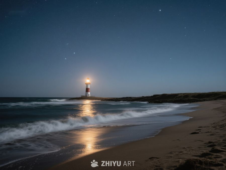 夜幕下的灯塔与海滩 487