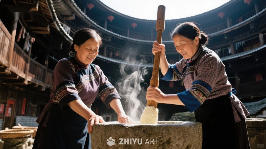 传统建筑内妇女共同制作食物