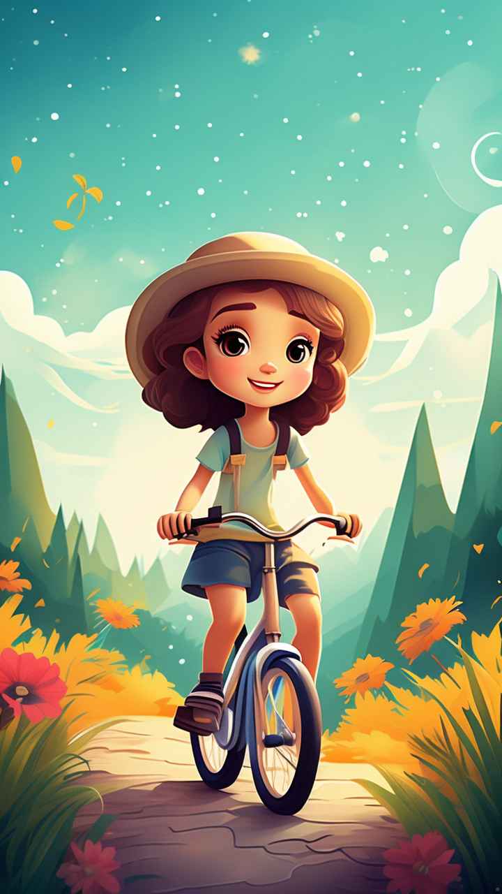 卡通可爱的女孩骑自行车梦幻般的意象 15
