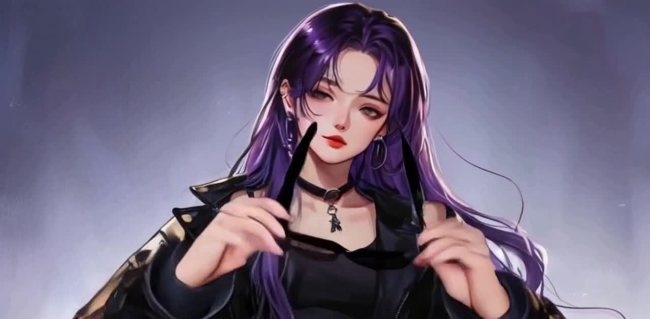画面中为一个动漫风格的女性角色，她拥有一头紫色的长