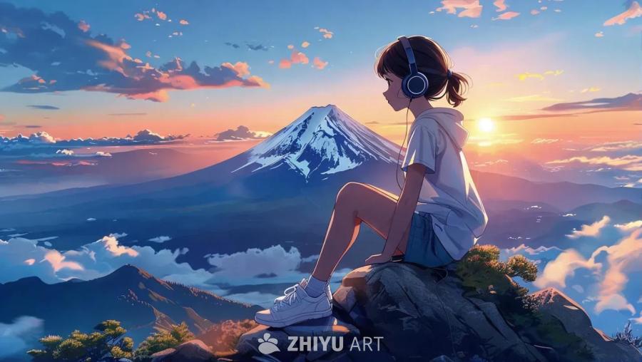 一个动漫风格的女孩坐在山顶的岩石上，戴着耳机。 背
