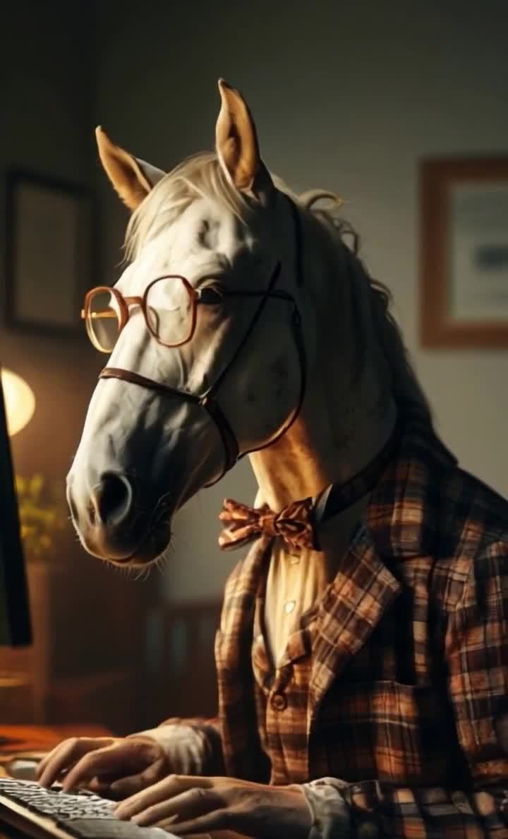 戴眼镜的马头人伏案工作，西装领结显绅士风度。